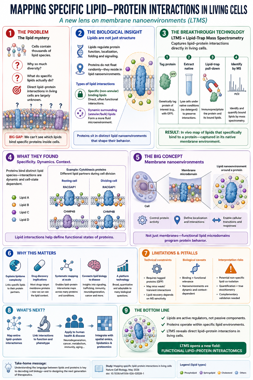 Mapping specific lipid–protein interactions in living cells — a new lens on membrane nanoenvironments. Paquola et al., Nature Cell Biology, May 2026.